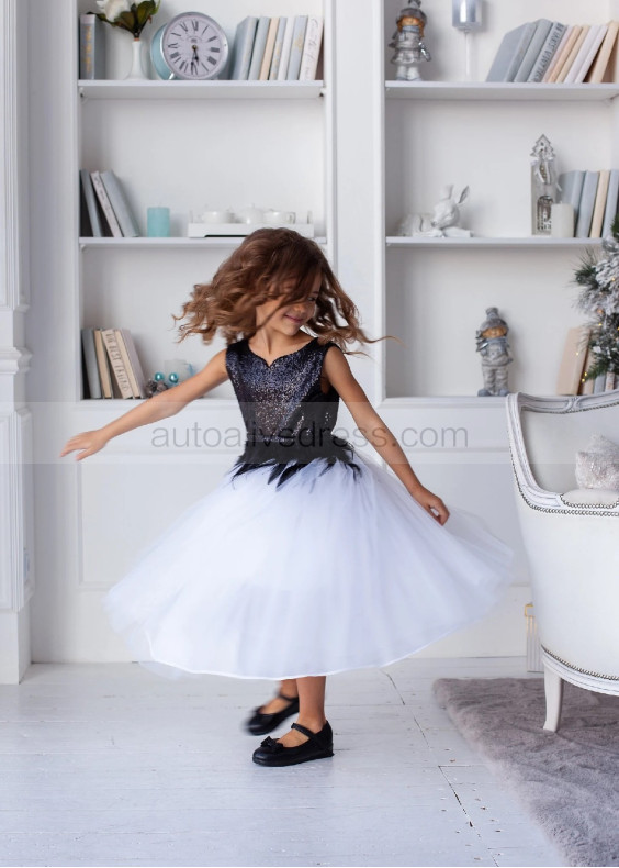 Black Sequin White Tulle Flower Girl Dress With Feather